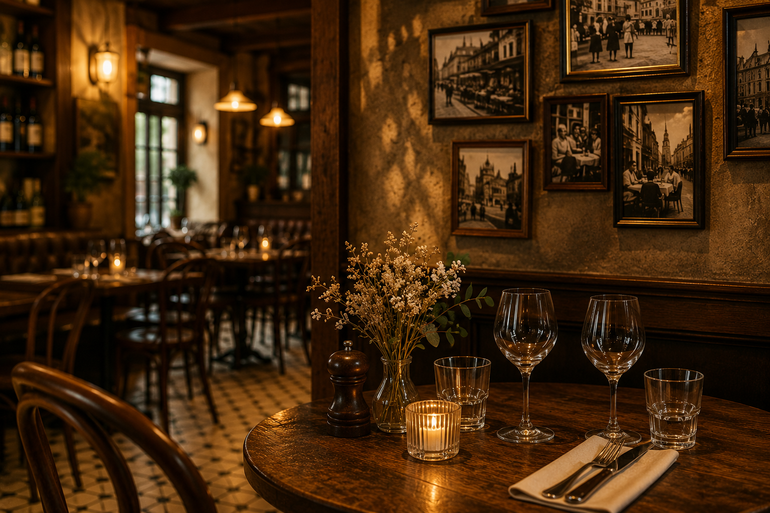 Intérieur chaleureux du bistro avec tables en bois et lumière tamisée
